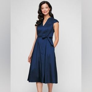 Alex Evening V Neck Midi Fit And Flare Navy Dress Size 6